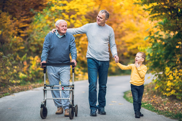 A grandfather using a walker is walking alongside his son and grandson on a scenic autumn pathway, surrounded by vibrant yellow and orange leaves.